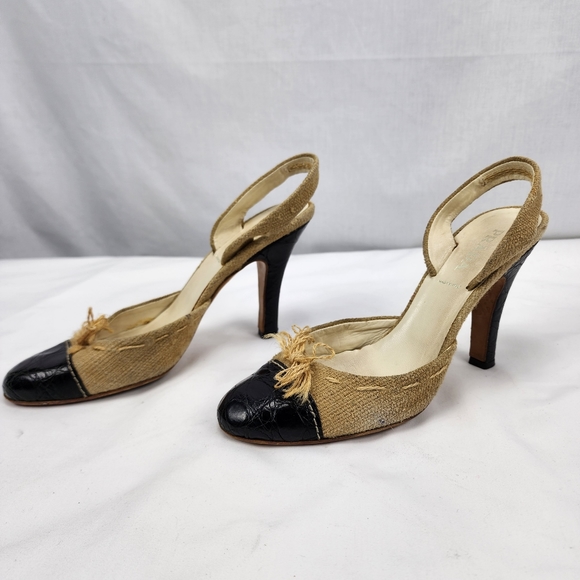 Prada Cream Tweed & Black Leather Round Toe Sling Back Heels Prada 38.5 US 8.5 - Picture 3 of 12